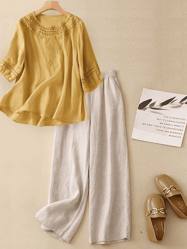 High-End Cotton Linen Set Wome - Linen Shirt Breathable 评论和价格